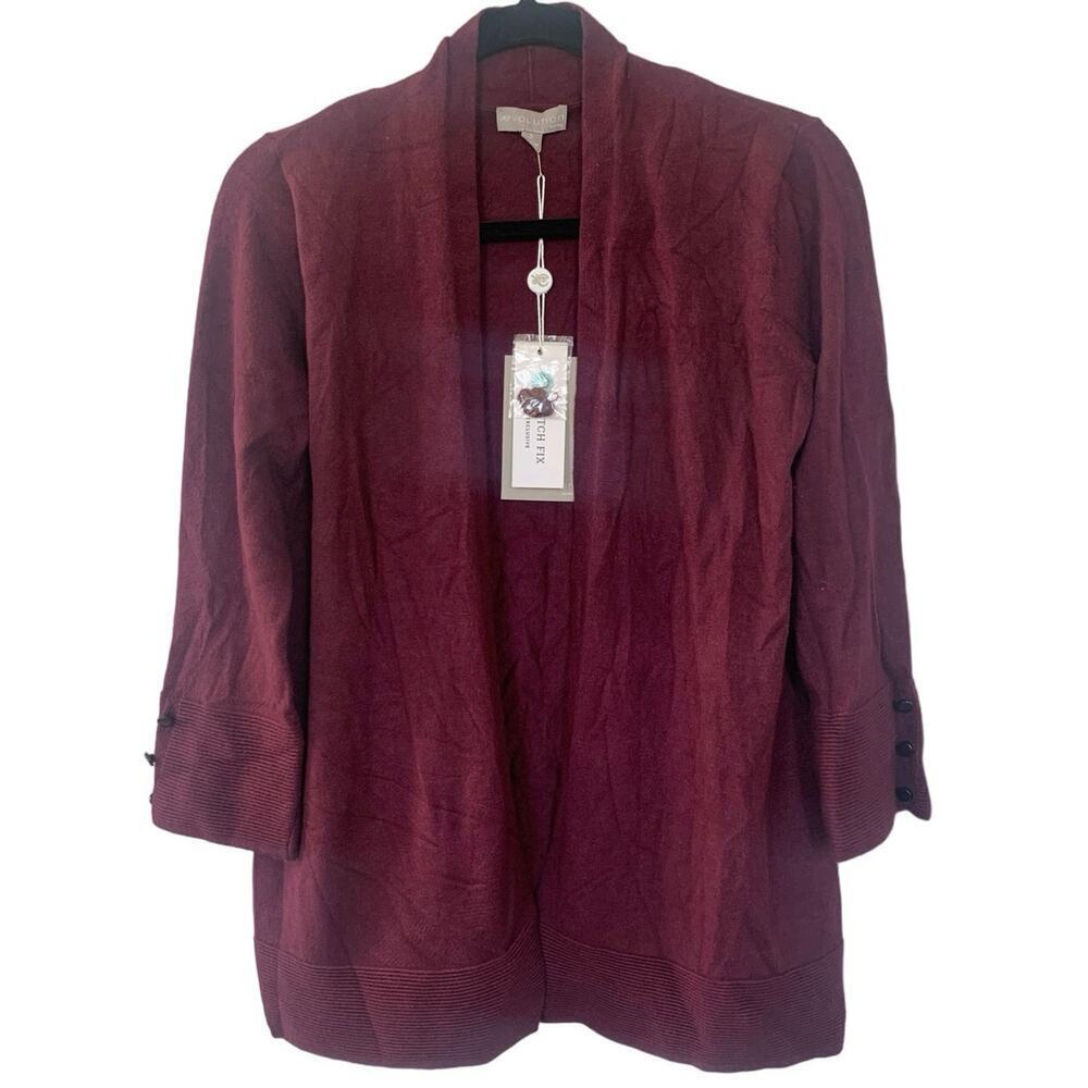 Evolution by Cyrus Burgundy Open Front Cardigan – 3/4 Sleeve Button Detail, SM
